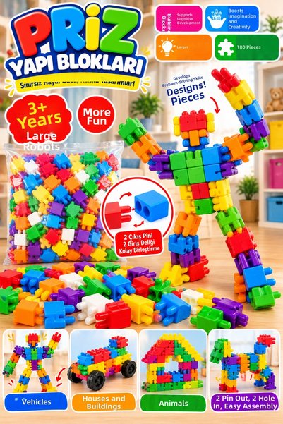 Alltoys مكعبات بناء من PRİZ، 180 قطعة، لعبة تعليمية للتركيب، لعبة ذكاء ومهارات حركية ملونة