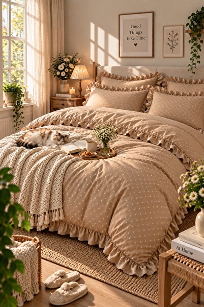 Cottessia Home Σετ Παπλωματοθήκη με βολάν σε χρώμα Milky Brown και πουά σχέδι...