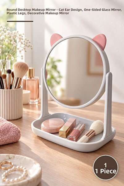Yenilig 1 Piece Round Desktop Makeup Mirror – Cat Ear Design, Single-Sided Gl...