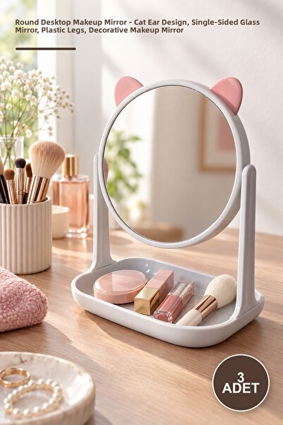 Yenilig 3 Pieces Round Desktop Makeup Mirror – Cat Ear Design, Single-Sided G...