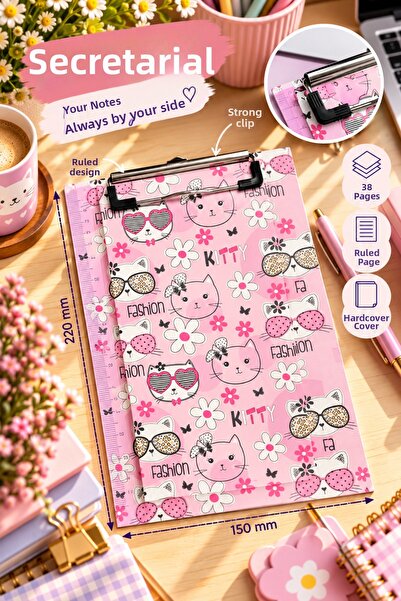 Daks Cat Patterned Secretary's Notepad 15X22 cm – 38 Sheets Lined Notepad - Pink