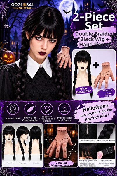 goglobal Halloween 2-Piece Costume Set Wednesday Style Double Braided Black Wig 55 cm + Stitched Hand Figure