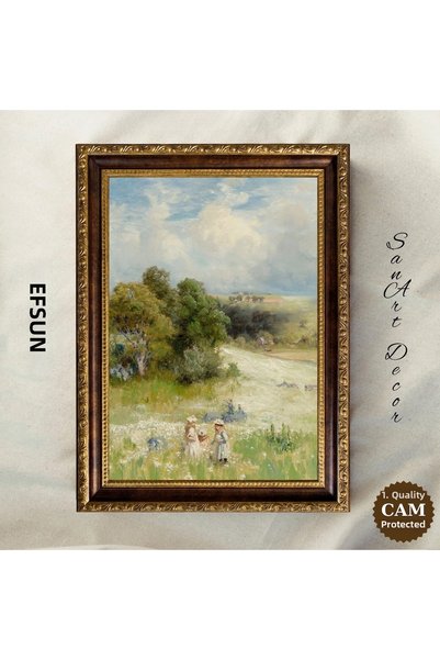 Sanart Peisaj pastoral în pășune, tablou vintage înrămat, imprimare în ulei, ...