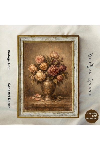 Sanart Buchet de trandafiri într-o vază de cupru, pictură artistică vintage, ...
