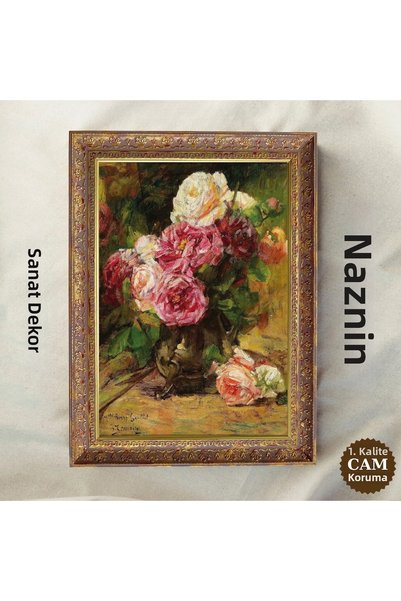 Sanart Buchet bogat de trandafiri, tablou vintage înrămat, imprimare în ulei,...