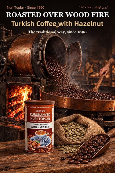 Nuri Toplar Kurukahveci Turkish Coffee with Hazelnut 250 g X 12 Tins - Roasted in Wood Fire