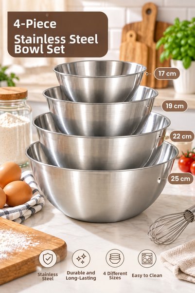 NOKKA Set of 4 Stainless Steel Mixing Bowls 17-19-22-25 cm Multi-Purpose Kitc...