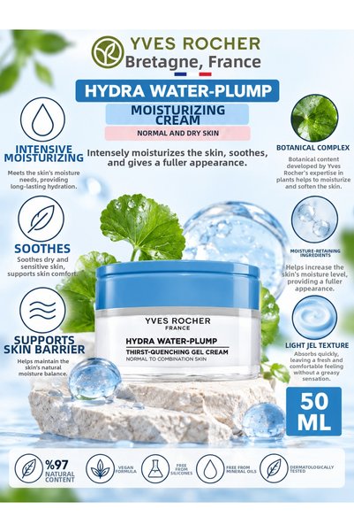 Yves Rocher Hydra Water-Plump 50 ml – Botanical Care for Moisture Balance and...