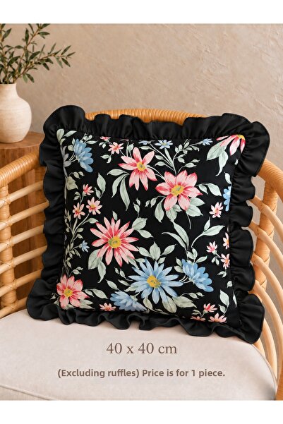 Decamor home Roza Floral Patterned Ruffled Black Kırkent Case