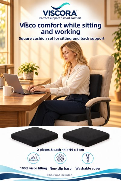 VISCORA Visco Seat Cushion and Back Support Set of 2 – Office Chair and Chair Cushion 44×44×5 cm