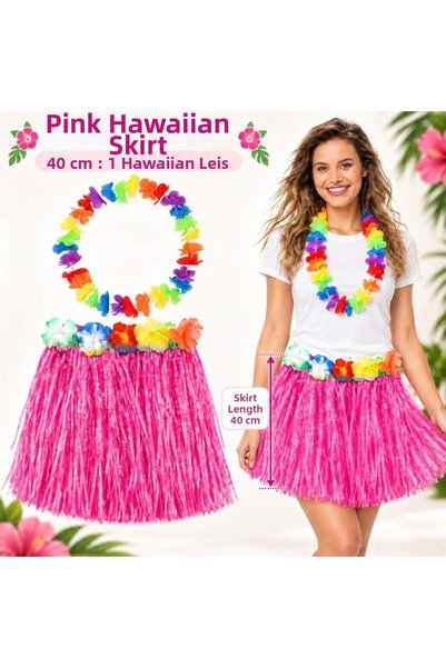 NW NessiWorld Hawaii Luau Aloha Pink Tassels 40 cm Skirt and Hawaiian Necklac...