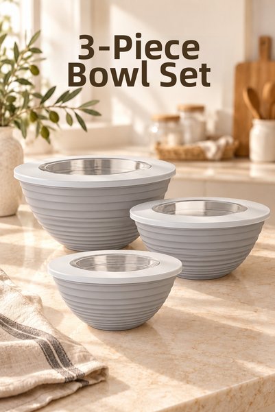 Funny Life Odette 3-Piece Bowl Set with Lids - Mixing and Storage Container Set