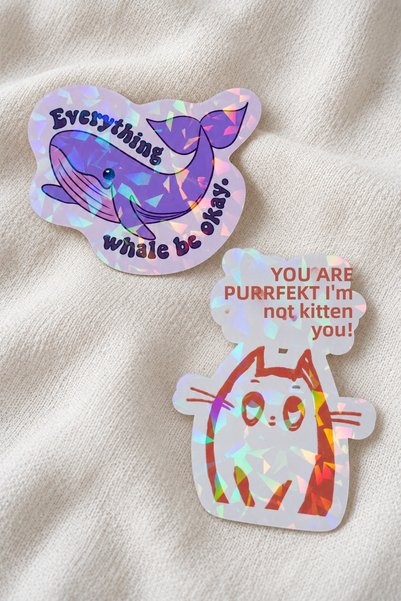 Plumie Whale and Purrrfect Cat 2-Piece Hologram Laminated Sticker Set – Laptop, Notebook, Agenda