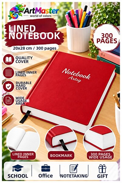 Artmaster Red Bound Lined Notebook 300 Sheets 20X28Cm 1 Piece Multi-Leaf Hard...