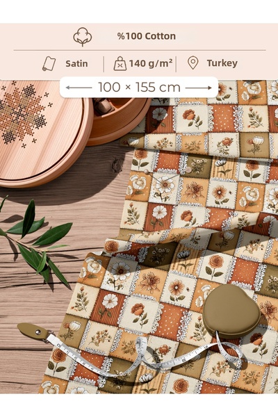 FabricMarket 100% Cotton Satin Patchwork Fabric – 155X100 cm – Brown Beige Or...