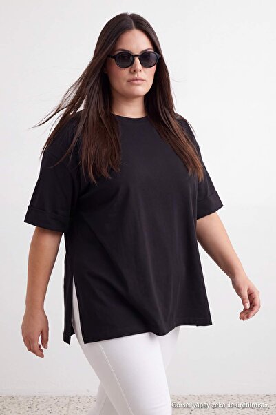Trendyol Curve Siyah Duble Kol Yırtmaçlı Geniş Kesim Asimetrik Boyfriend %100...