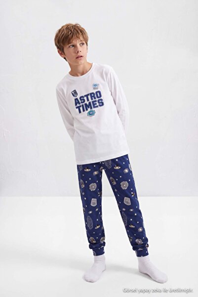TRENDYOLKIDS Navy Blue 100% Cotton Boys' Pajama Set Tkdaw27Pt00036