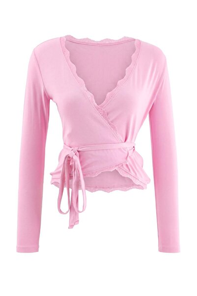 Trendyol Collection Pink Plain Fitted/Fitted Double Breasted Lace Detailed Cr...