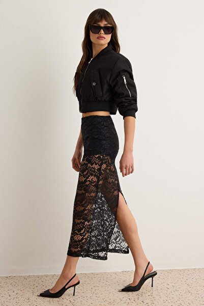 Trendyol Collection Black Floral Midi Woven Lace Skirt Tpraw27Et00010
