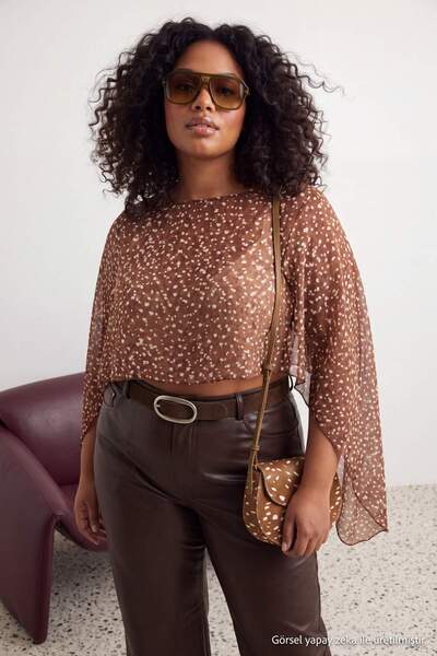 Trendyol Curve Brown-Multicolor Bambi Patterned Chiffon Woven Plus Size Blous...