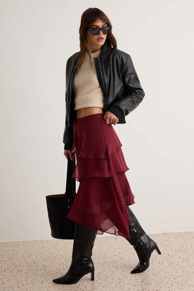 Trendyol Collection Burgundy Layered Lined Chiffon Skirt Twoaw27Et00138