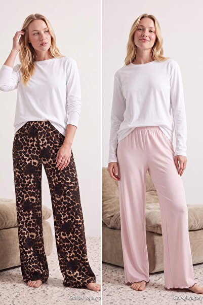 Trendyol Collection Multi-Colored 2-Piece Leopard Patterned Cotton Blend Lycr...