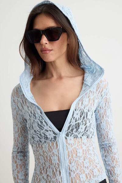Trendyol Collection Light Blue Lace Fitted/Slim Fit Hooded Zippered Knitted S...