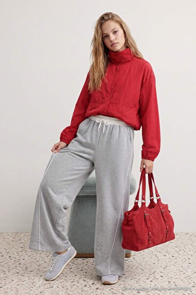 Trendyol Collection Gray Melange Extra Wide Leg/Wide Fit Stripe Detailed Elas...