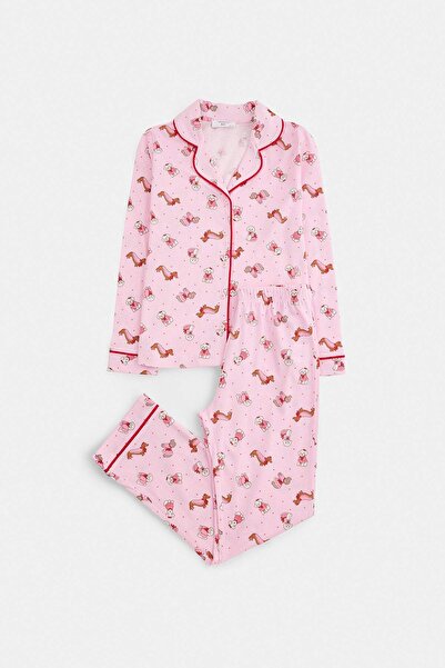 TRENDYOLKIDS Pink Girl's 100% Cotton Dog Patterned Piping Printed Mother-Daug...