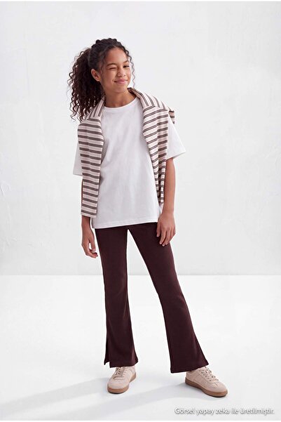 TRENDYOLKIDS بنطلون محبوك مسطح باللون البني للفتيات TKDAW27TA00005