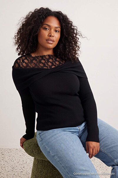 Trendyol Curve Black Lace Detailed Premium Yarn/Special Yarn Knitwear Large S...