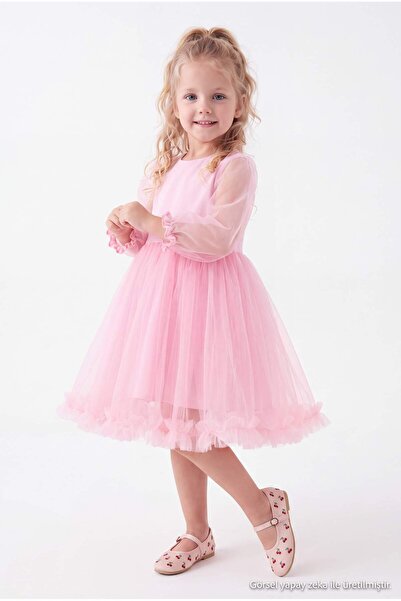 TRENDYOLKIDS Rosa Tüll-Geburtstags-/Partykleid für Mädchen, gewebtes Kleid TK...
