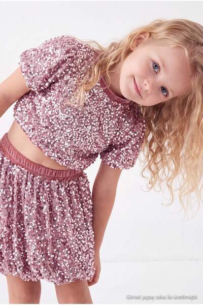 TRENDYOLKIDS Gül Kurusu Pullu Payetli Kurusu Kız Çocuk Örme Alt - Üst Takım T...