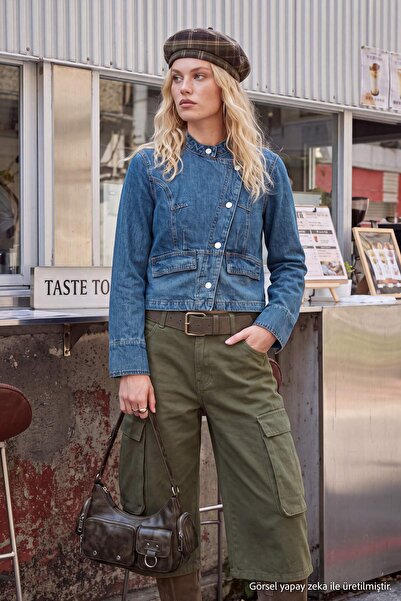 Trendyol Collection Blue Double-Breasted Denim Jacket Twoaw27Ce00030