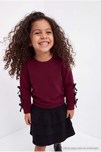 TRENDYOLKIDS Burgundy devojčina pamučna majica sa trakom i suknja - komplet T...