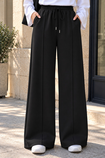 Balenbi Women's Scuba Fabric Basic Full-Length Striped Palazzo Trousers 377 B...