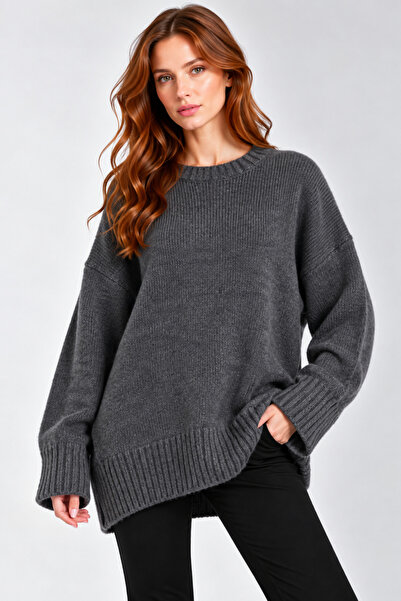 İLKCET MODA Oversize Basic Füme Uzun Kadın Kazak