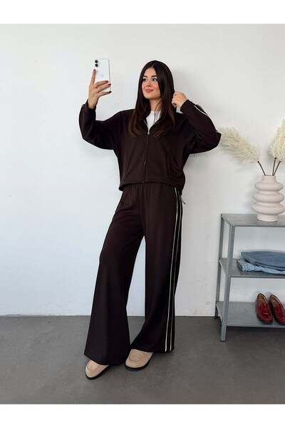 HKT HAK TEKSTİL Modal Fabric Zippered Sweatshirt & Wide Leg Sweatpants Set