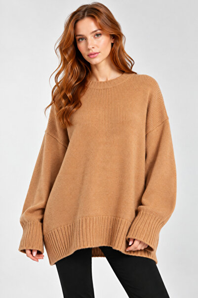 İLKCET MODA Oversize Basic Bej Uzun Kadın Kazak