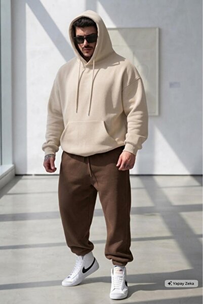 NO 601 Men's Beige Hooded Coffee Sweatpants Set