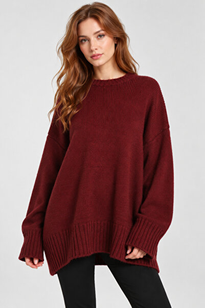 İLKCET MODA Oversize Basic Burgundy Long Women's Sweater