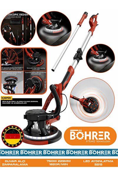 BÖHRER 750W 5515K LED Işıklı Duvar ve Tavan Alçı Zımparalama Makinesi – Teles...