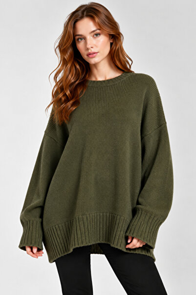 İLKCET MODA Oversize Basic Haki Uzun Kadın Kazak