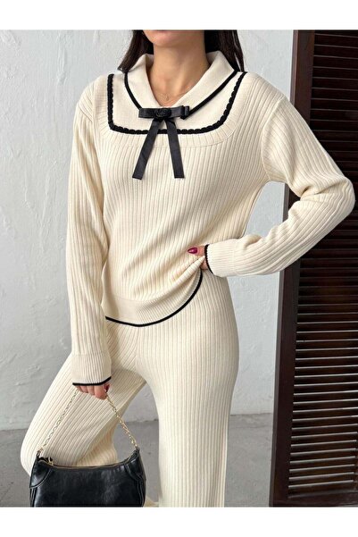 HKT HAK TEKSTİL Bowknot Detailed Ship Collar Ribbed Knitwear Sweater and Trou...