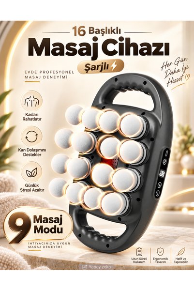Folveit 16 Başlıklı Masaj Cihazı Boyun Sırt Kol Bacak Masaj Aleti Yastığı Ayarlanabilir Hız ve Değiştirilebilir Mod