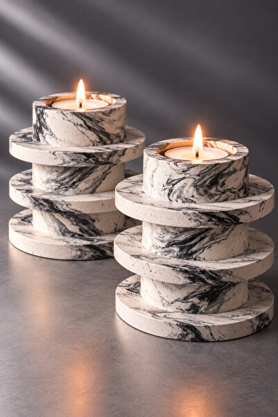 7Light Atelier 6’lı Siyah Mermer Desenli Tealight Mum Seti | 2x3’lü Set | 2 A...
