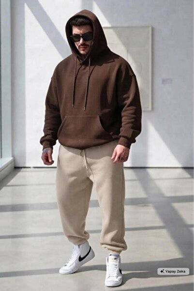 NO 601 Men's Brown Future Printed Hooded Beige Tracksuit Bottom Set