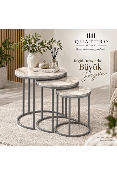 QUATTRO HOME Gümüş C Ayaklı Mermer Desenli 3'lü Zigon Sehpa Takımı