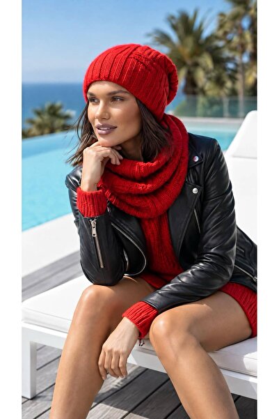 Gönülden Tasarım Hand Knitted Soft Patterned Women's Beanie Neck Collar Set