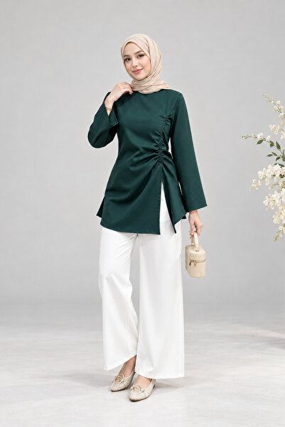 Tarzım Tuba Asel Gathered Asymmetrical Blouse Green